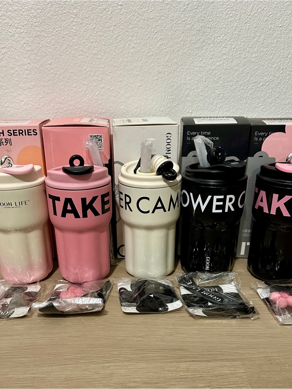Goom Life  Water Bottle - Pink, Cream, Black - Everyday Drink Tumbler Set of 5